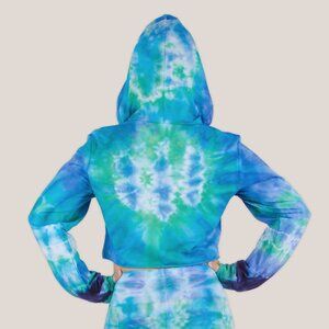 Galapagos Islands Tie Dye Cropped Hoodie | Blue Long Sleeve Yoga Shirt Festival